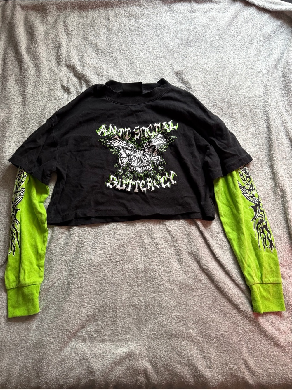 Zumiez Black Cropped Tee with Neon Green Long Sleeve Layering